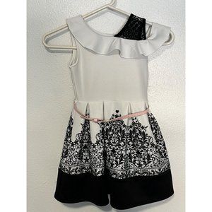 Knit Works Dress White with Black Pattern Bottom and Shoulder Pink Belt Girls 4